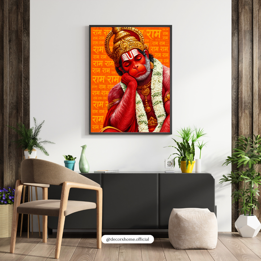 Divine Lord Hanuman Ram Naam Orange Spiritual Wall Art Poster | Decorexhome