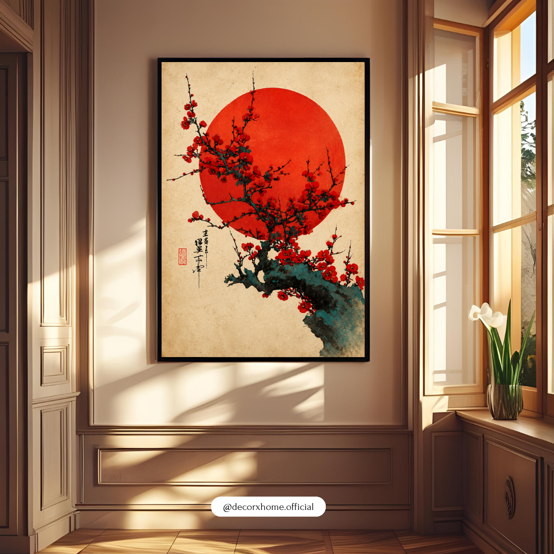 Japanese Cherry Blossom & Rising Sun Wall Art Poster | Traditional Sakura Zen Decor