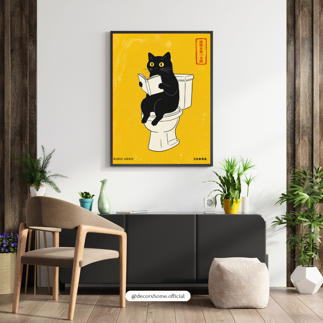 Kuro Neko Reading Cat Toilet Poster | Quirky Minimal Wall Art for Bathroom & Living Space – Decorxhome