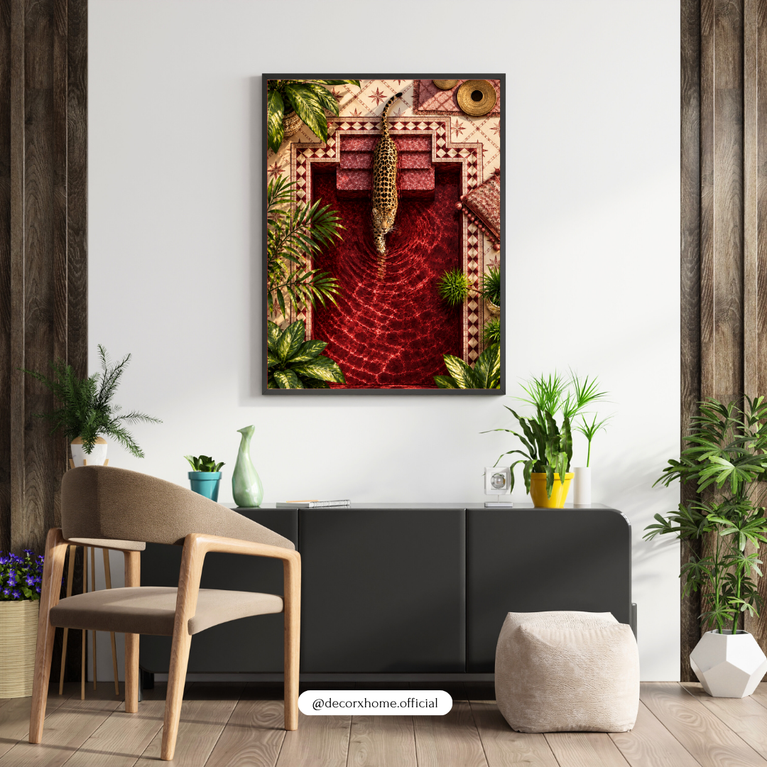 Leopard Pool Reflection Poster | Tropical Wildlife Wall Art | Luxury Nature Decor | Decorxhome