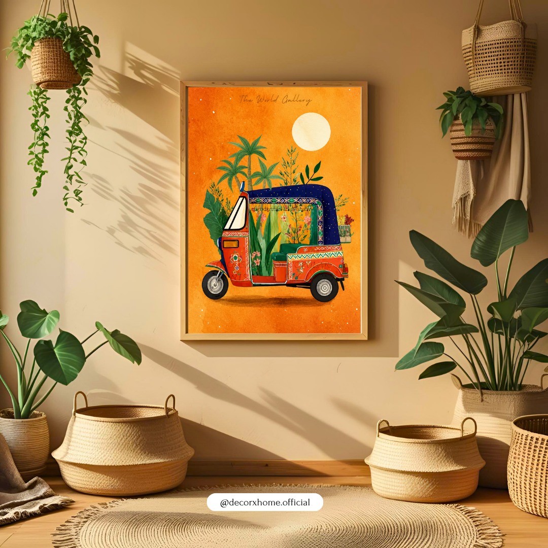 Bohemian Floral Auto Rickshaw Poster | Vibrant Travel & Tropical Wall Art by DecorxHome