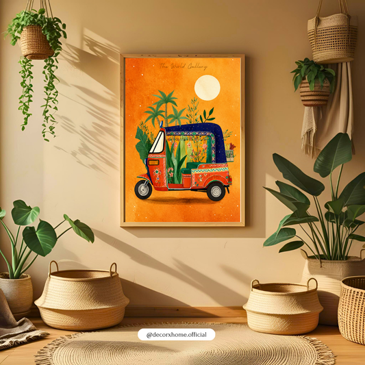 Bohemian Floral Auto Rickshaw Poster | Vibrant Travel & Tropical Wall Art by DecorxHome