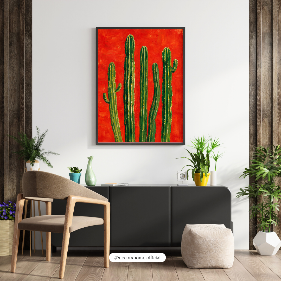 Green Cactus on Red Background Wall Art Poster | Modern Botanical Decor | Decorexhome