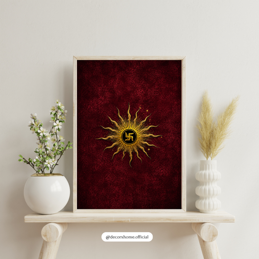 Sacred Golden Sun Swastika Poster | Auspicious Hindu Spiritual Wall Art on Crimson Red Background | Decorxhome