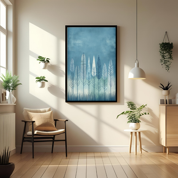 Tranquil Blue Forest – Framed Boho Wall Art Print for Home & Office Decor