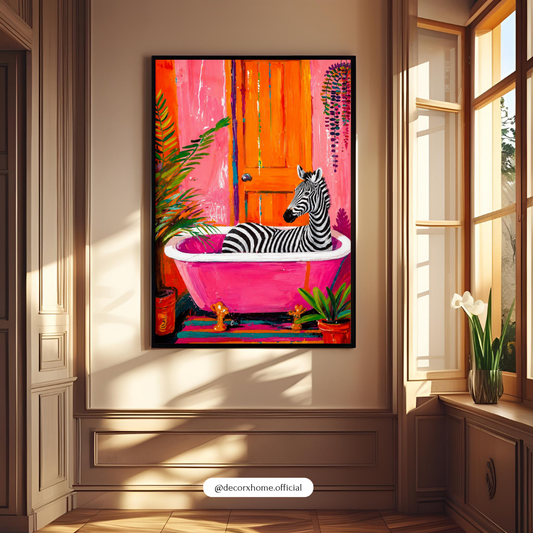 Colorful Zebra Bathtub Poster | Whimsical Animal Bathroom Wall Art | Modern Pop Art Print | Decorexhome