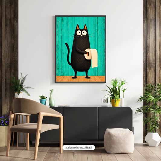 Funny Black Cat Toilet Paper Poster | Cute Bathroom Wall Art | Quirky Cat Decor | Decorxhome