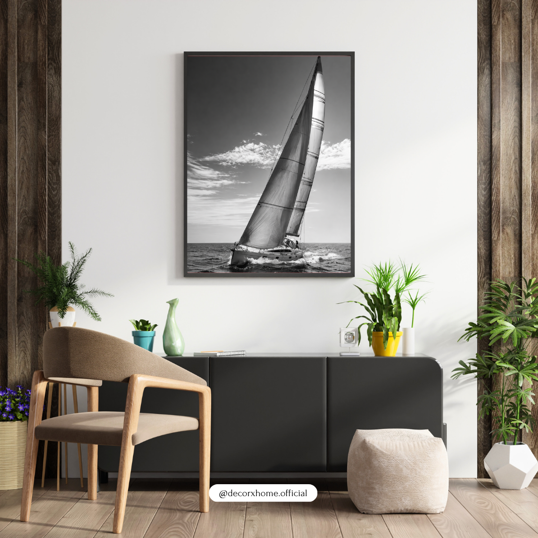 DecorexHome Black & White Sailing Yacht Wall Art Poster | Nautical Ocean Photography Decor