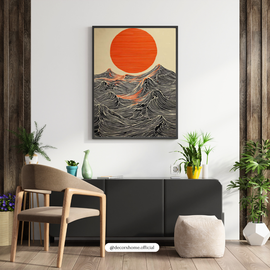 Japanese Red Sun & Ocean Waves Poster – Minimalist Japanese Landscape Wall Art | Decorxhome