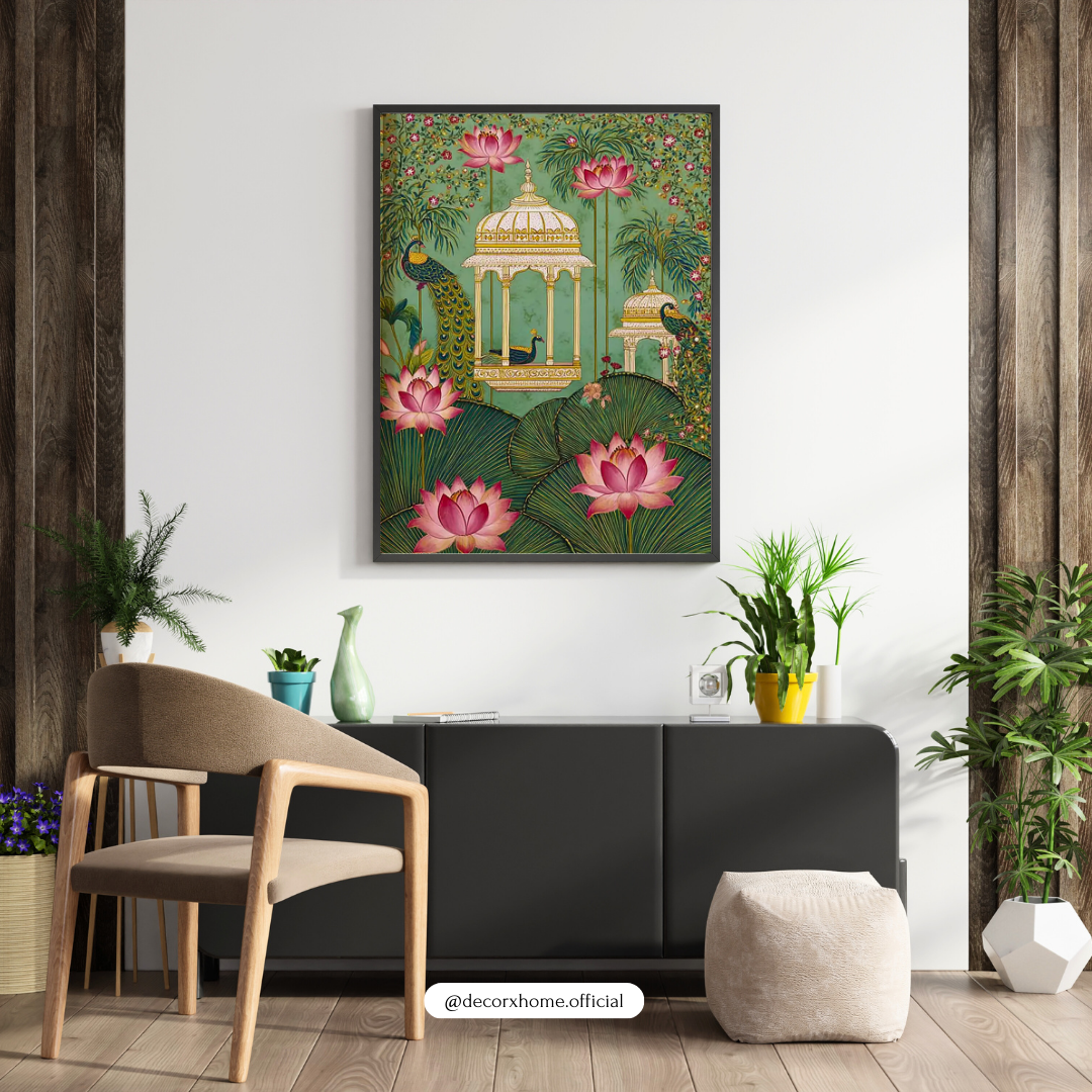 Royal Peacock & Lotus Garden Poster – Indian Palace Art Wall Decor | Decorxhome