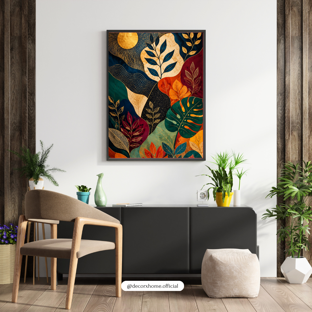 Abstract Botanical Wall Art | Blue & Gold Tropical Leaf Poster | Modern Luxury Nature Wall Decor | Decorxhome