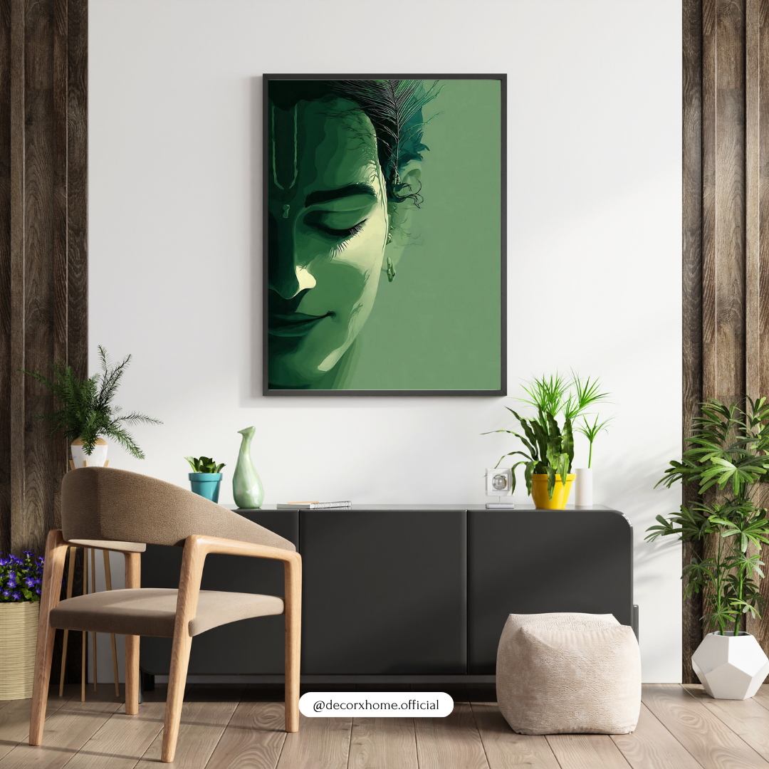 Serene Krishna Minimal Wall Art Poster – Spiritual Green Aesthetic Painting | Decorxhome