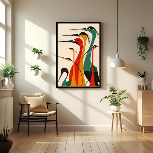 Colorful Crane Symphony – Modern Abstract Bird Wall Art (Framed Print)