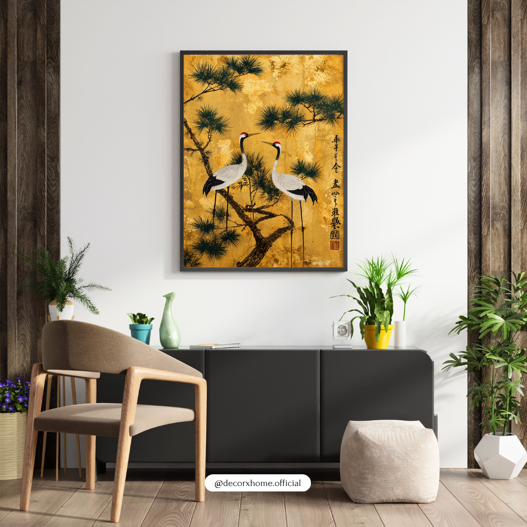 Japanese Cranes & Pine Tree Gold Wall Art – Elegant Japandi Nature Poster | Decorxhome