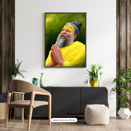 Joyful Spiritual Guru Wall Art – Devotional Sage Portrait in Yellow Robes | Meditation & Positive Energy Poster for Home & Temple | Decorxhome
