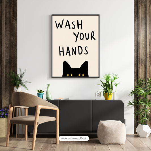 “Wash Your Hands” Cat Wall Art Poster – Funny Minimal Bathroom Decor | Cute Black Cat Print (Framed)