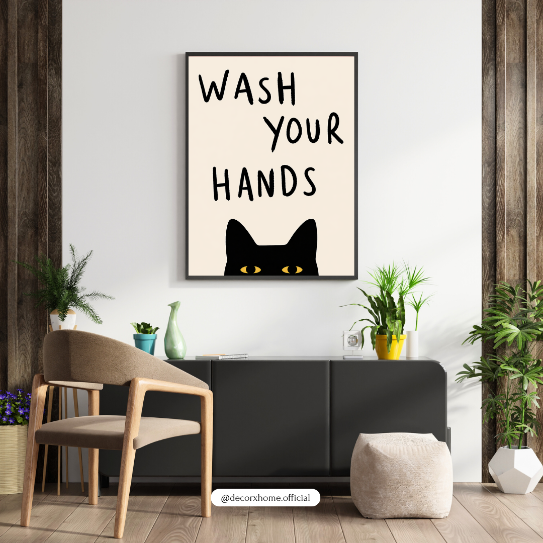 “Wash Your Hands” Cat Wall Art Poster – Funny Minimal Bathroom Decor | Cute Black Cat Print (Framed)