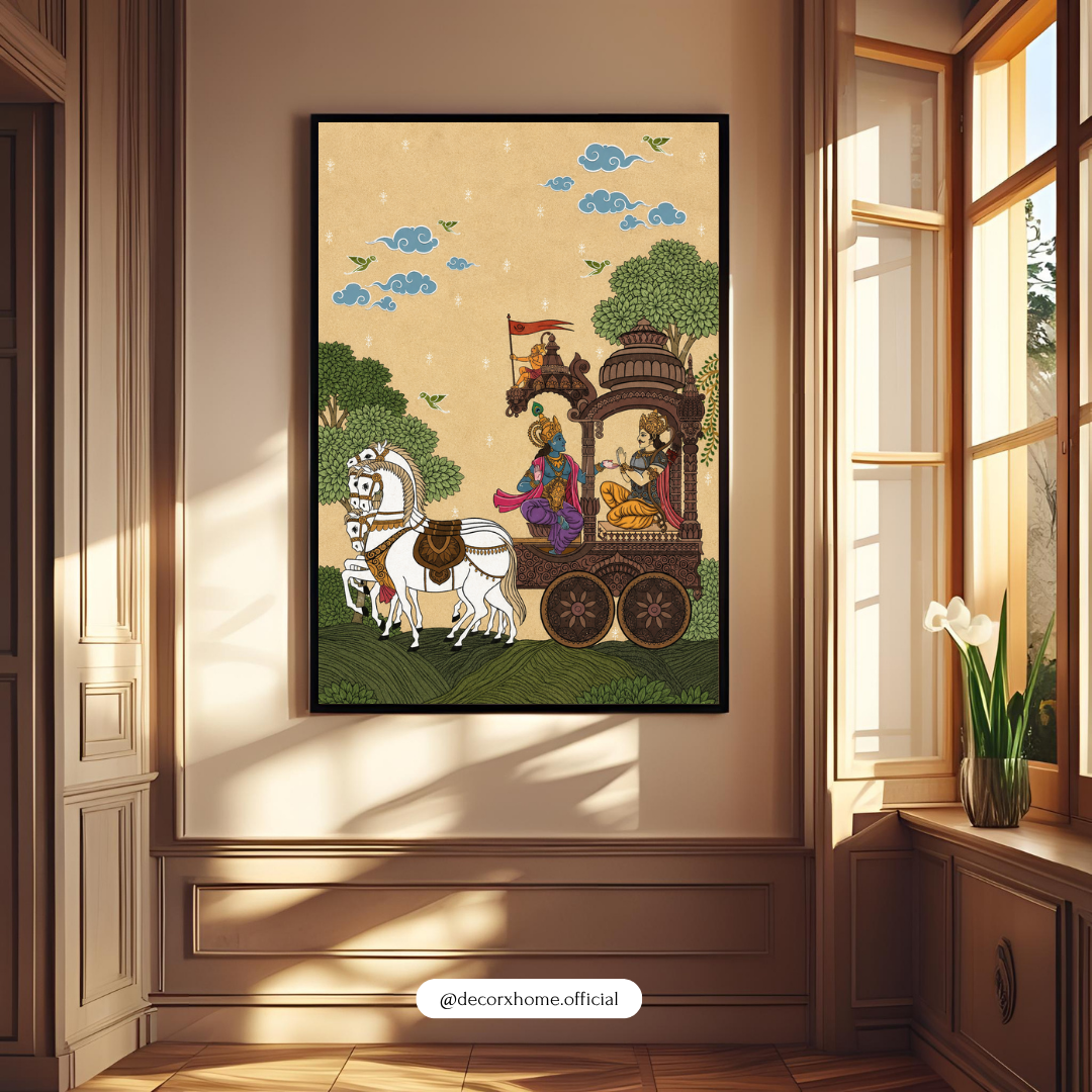 Krishna & Arjuna Chariot Wall Art Poster | Mahabharata Inspired Traditional Indian Decor