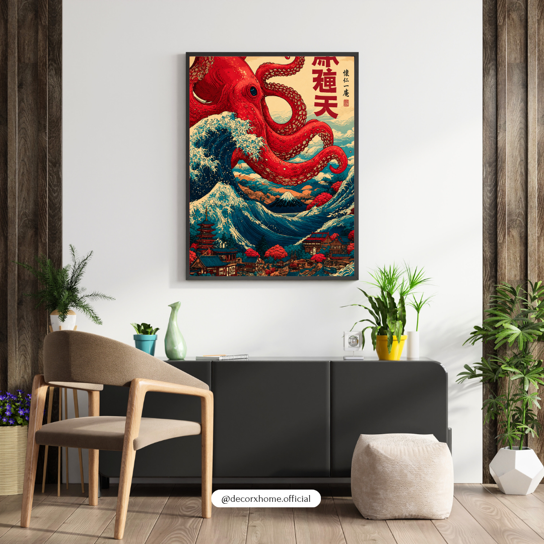 Crimson Octopus Wave – Japanese Ukiyo-E Inspired Wall Art Poster | DecorxHome