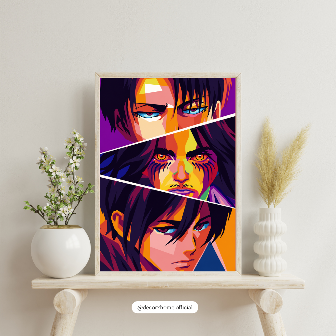 Attack on Titan Levi, Eren & Titan Pop Art Poster | Vibrant Anime Wall Art Print | Decorxhome