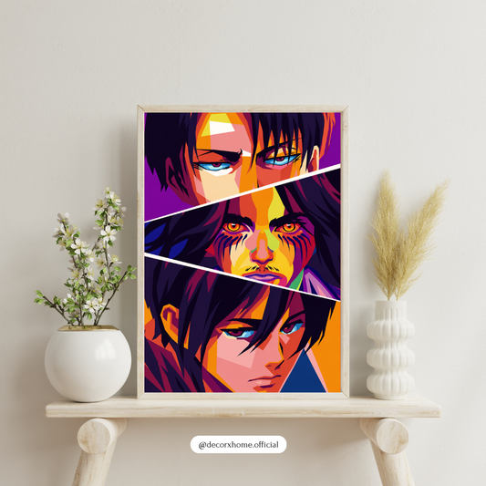 Attack on Titan Levi, Eren & Titan Pop Art Poster | Vibrant Anime Wall Art Print | Decorxhome