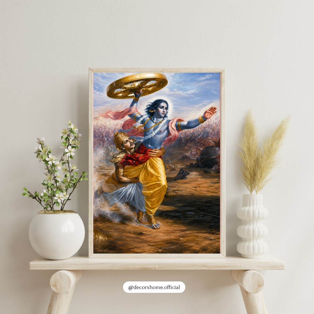 Lord Krishna Protecting Arjuna Wall Art Poster | Mahabharata Divine Warrior Canvas Print