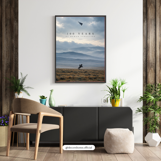 100 Years of Human Evolution Wall Art Poster | Minimalist Mountain Landscape & Lone Rider – Decorxhome