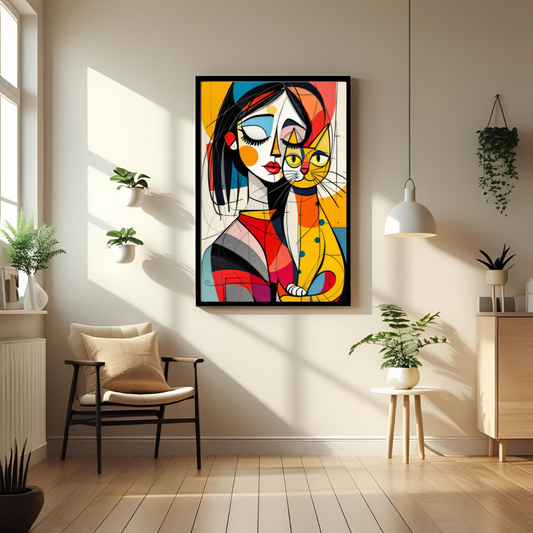 Colorful Woman & Cat Modern Art Print – Framed Abstract Wall Art for Living Room, Bedroom & Office Decor