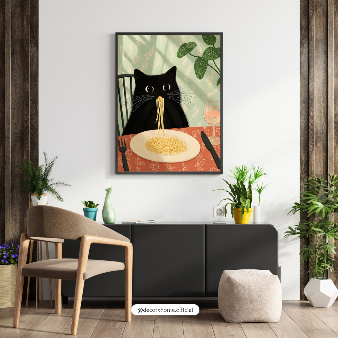 Decorexhome Funny Black Cat Eating Spaghetti Poster | Quirky Cat Wall Art