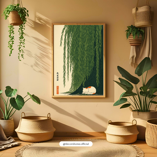 Sleeping Cat Under Willow Tree Poster | Japanese Zen Nature Wall Art by DecorxHome