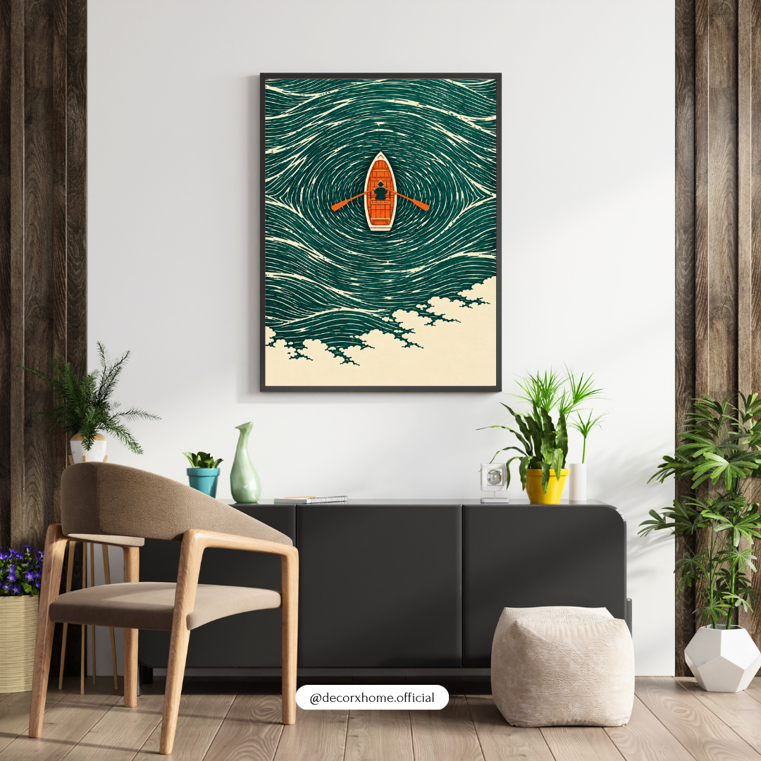 Minimalist Rowing Boat Ocean Wall Art | Blue Wave Poster & Framed Artwork