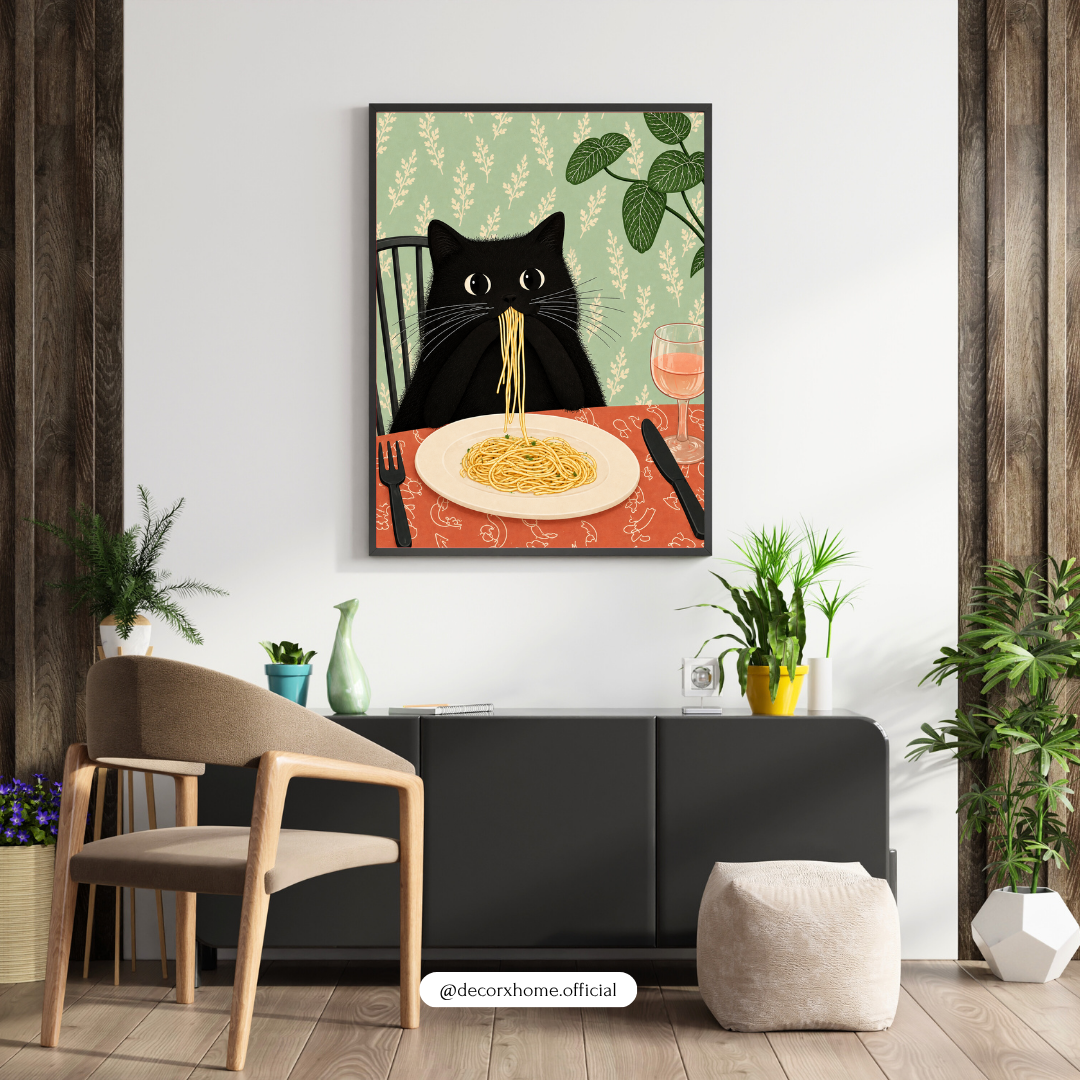 Decorexhome Funny Black Cat Eating Spaghetti Poster | Quirky Cat Wall Art
