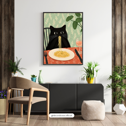 Decorexhome Funny Black Cat Eating Spaghetti Poster | Quirky Cat Wall Art