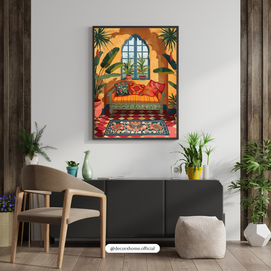 Boho Sunset Lounge Poster – Vibrant Cozy Interior Art Wall Decor