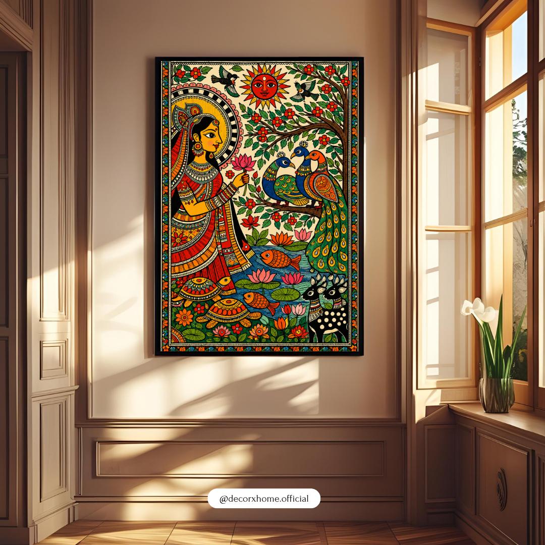 Decorxhome Traditional Madhubani Folk Art Poster | Indian Heritage Wall Art | Peacock & Lotus Artwork | Colorful Cultural Canvas Print