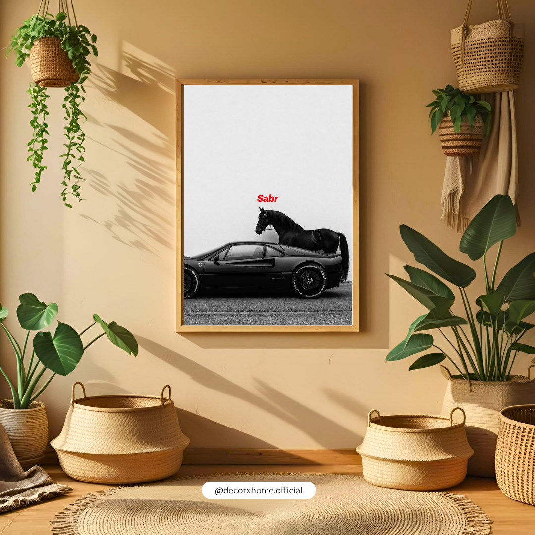 Sabr Luxury Car & Stallion Wall Poster | Minimalist Success Aesthetic by DecorxHome