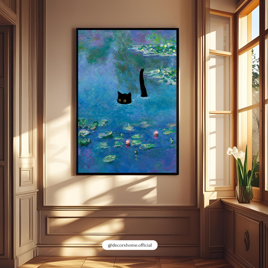 Black Cat Water Lily Poster | Dreamy Impressionist Wall Art Print | Artistic Cat Decor | Decorexhome