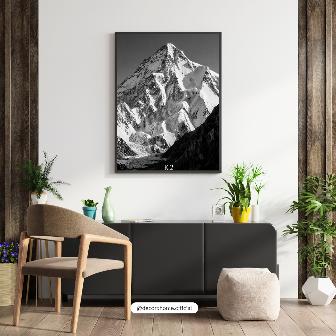 K2 Summit Mountain Poster | Black & White Himalayan Wall Art | DecorexHome