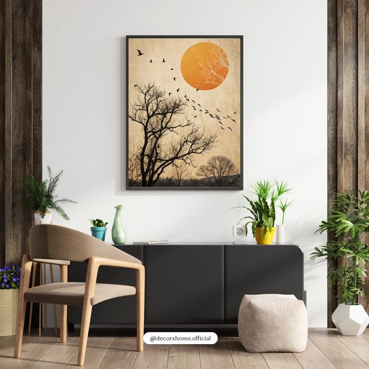 Sunset Tree Silhouette Wall Art Poster – Minimalist Nature Landscape with Birds | Decorxhome