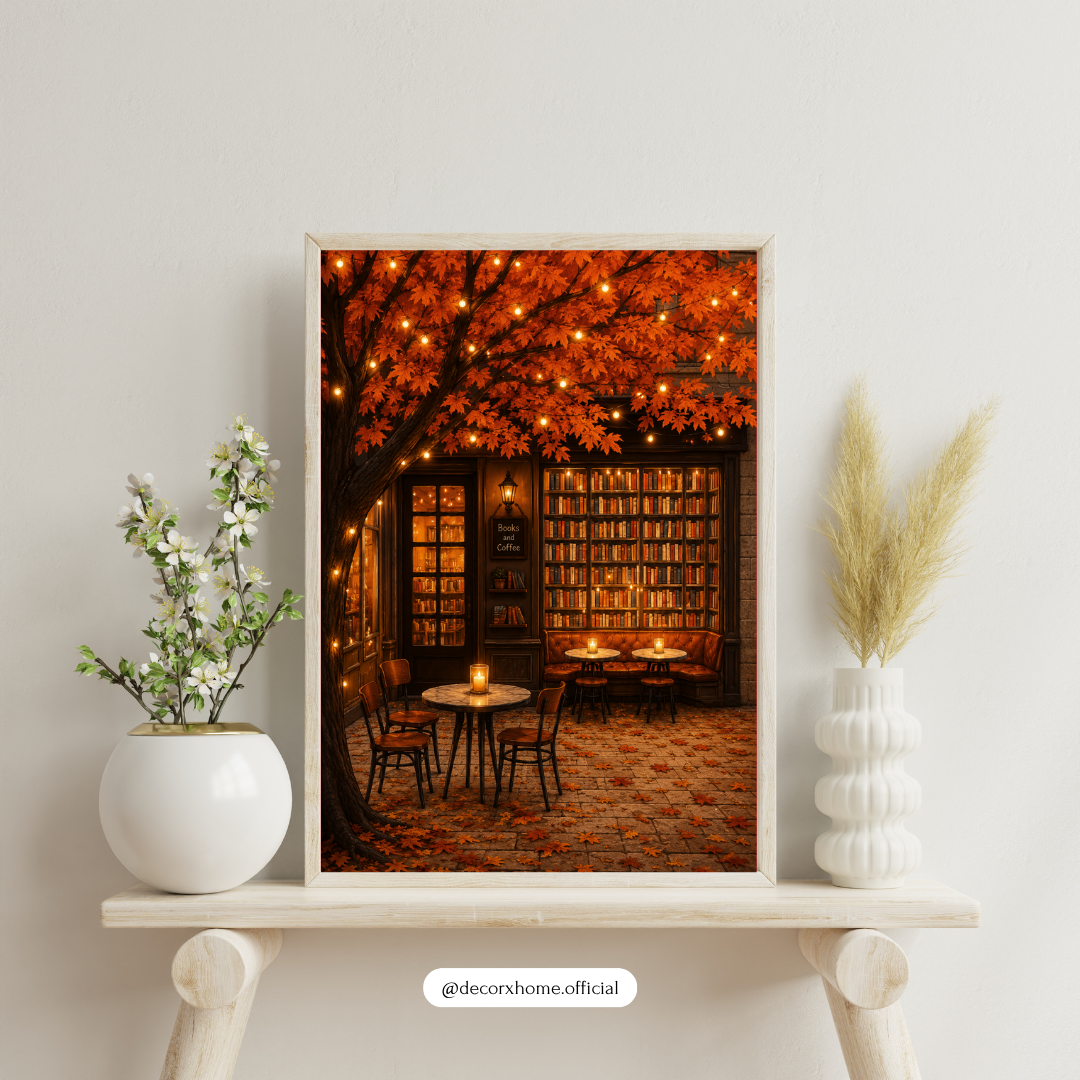 Autumn Book Café Poster – Cozy Literary Retreat Wall Art
