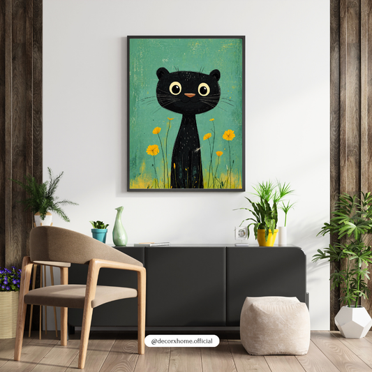 Cute Black Cat Wall Art Poster – Minimal Kids Room Decor | Aesthetic Animal Illustration (Framed Print)