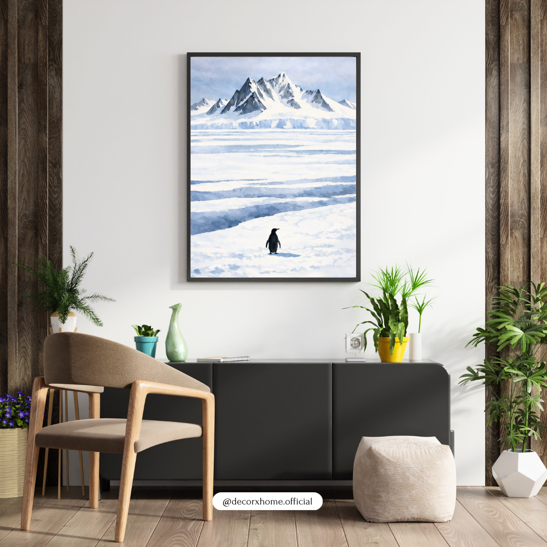 Arctic Penguin Landscape Poster – Minimal Snow Mountain Nature Wall Art | Decorxhome