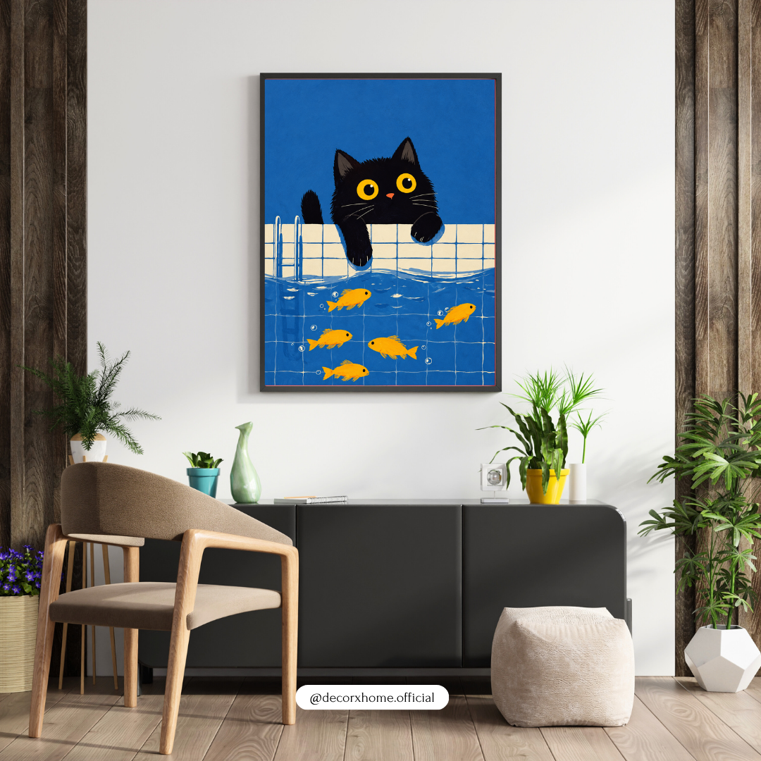 Black Cat Wall Art Poster | Cute Cat & Goldfish Illustration | Modern Animal Decor | Decorexhome