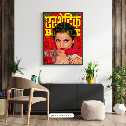 Madhubala Bollywood Wall Art | Classic Vintage Indian Cinema Poster | Retro Actress Portrait | Red Floral Wall Décor | Decorxhome
