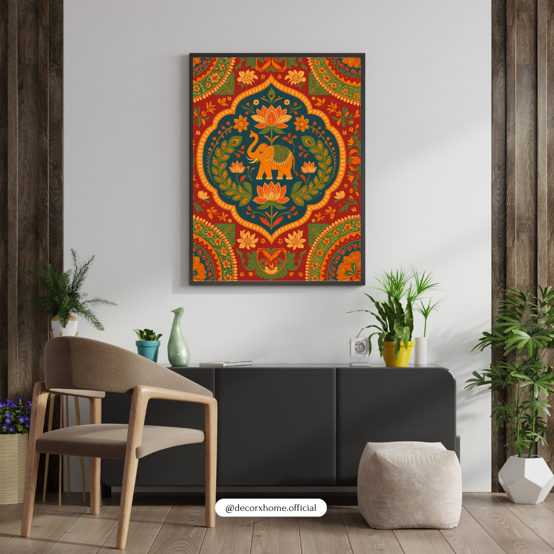 Lotus Elephant Mandala Poster – Vibrant Traditional Indian Art Wall Decor