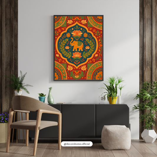 Lotus Elephant Mandala Poster – Vibrant Traditional Indian Art Wall Decor