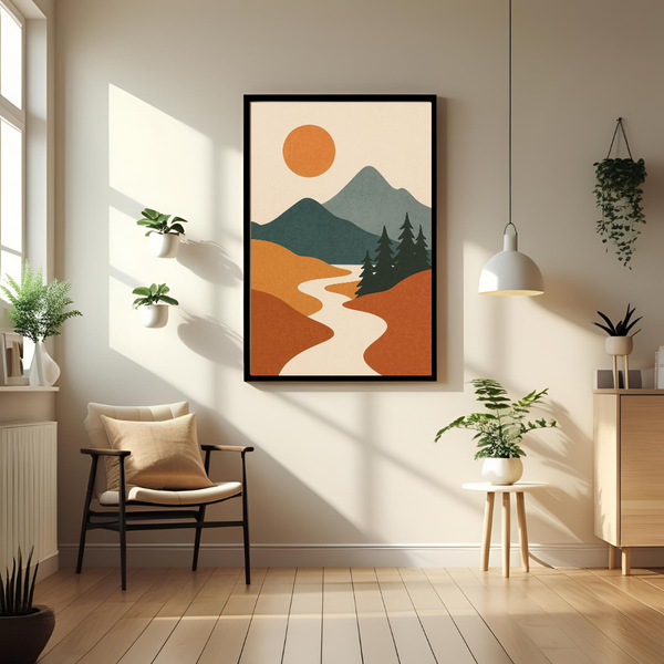 Boho Mountain Landscape Wall Art with Frame – Minimalist Nature Print for Modern Living Room, Bedroom & Office Decor
