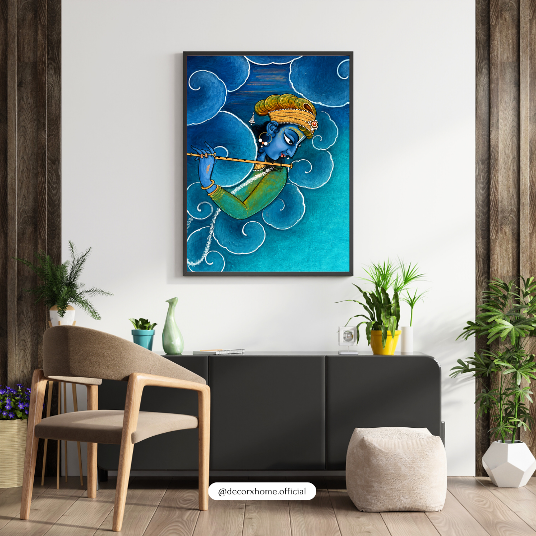 Divine Krishna Playing Flute Wall Art | Blue Krishna Poster & Framed Artwork