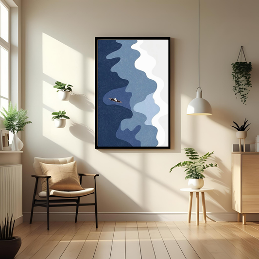 Minimalist Boat in Ocean Layers – Boho Framed Wall Art Print for Living Room, Bedroom & Office Decor
