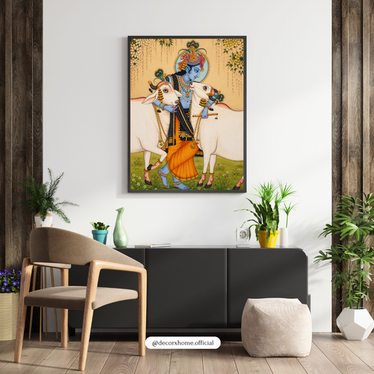 Lord Krishna with Cows Wall Art Poster | Traditional Indian Spiritual Artwork | Divine Hindu Aesthetic Print | Decorexhome